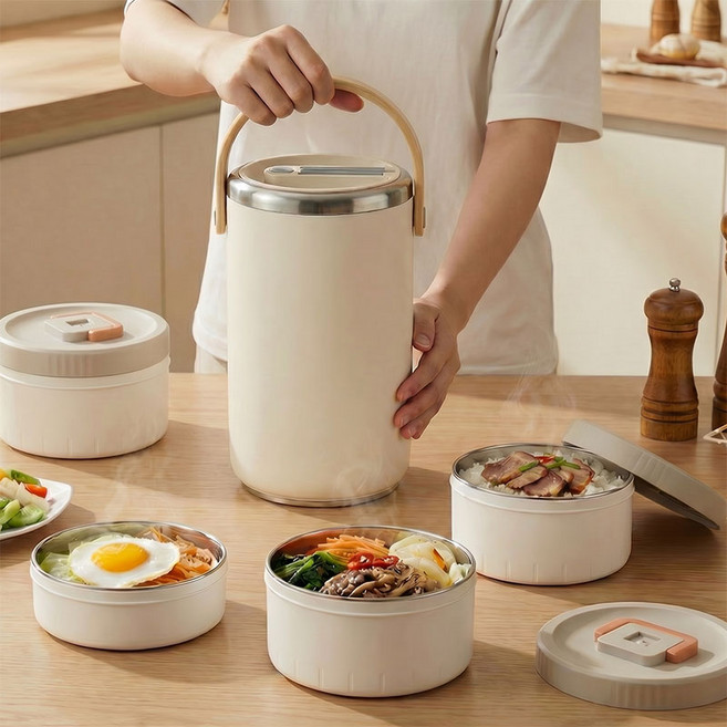 마술사 대용량 스텐 보온도시락 분리형 전자레인지 도시락, 1세트, 3400ML 4단 베이지