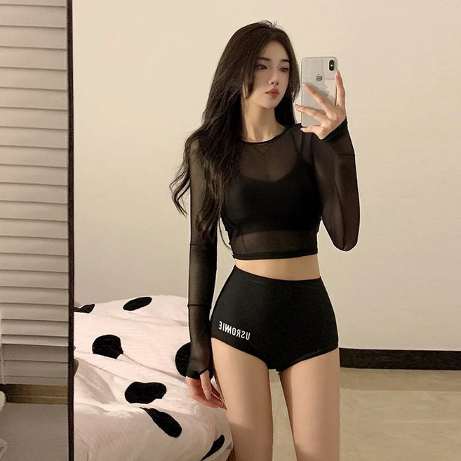 탑트레일 여성 크롭 시스루 3피스 수영복세트 체형커버 자외선차단, 블랙
