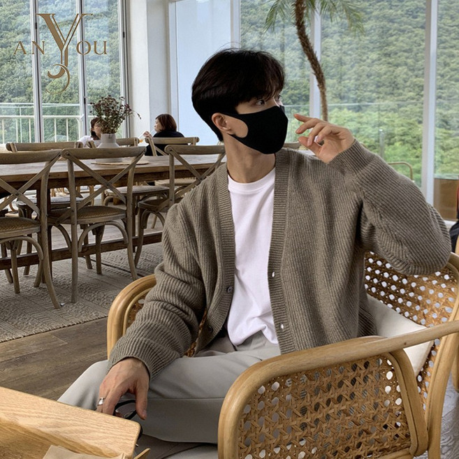 ANYOU 남성 빅사이즈 니트 가디건 기본핏 데일리 캐주얼 긴팔 스웨터