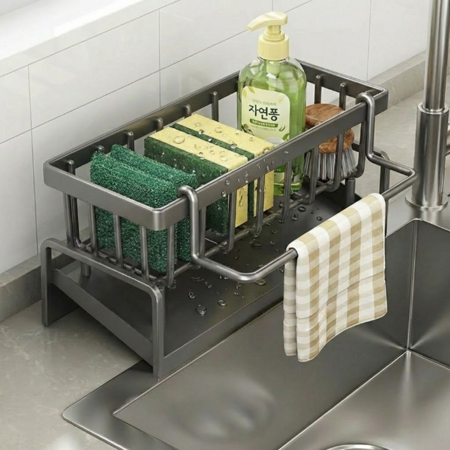 노베카 자동배수 녹방지 탄소강 수세미 거치대, 1개, 그레이