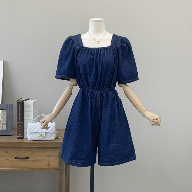 [행복여] 엔티 셔링 소매 스퀘어넥 반바지 데님 청 점프슈트