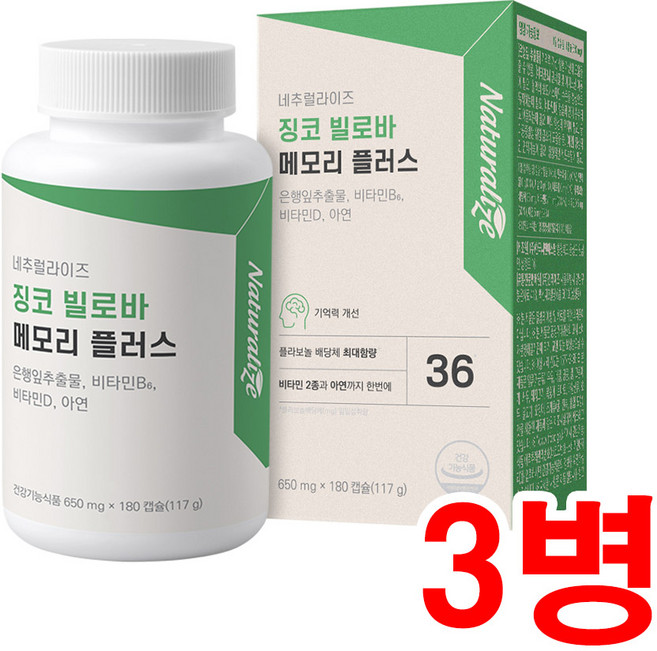 네추럴라이즈 징코 빌로바 메모리 플러스 650mg x 180캡슐 은행잎추출물 비타민B6 비타민D 아연 함유 건강기능식품, 3개, 180정