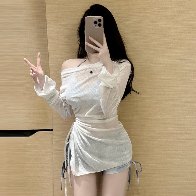 泳衣女新款紮染藍色分體比基尼罩衫三件套遮肉度假泡溫泉