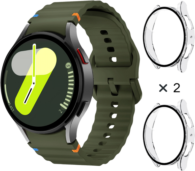 데일리피 갤럭시워치 호환 실리콘 컬러풀한 스티치 스트랩 8/7/6/6클래식/5/5프로/4/4클래식+PC 케이스 2개, 군녹색/투명