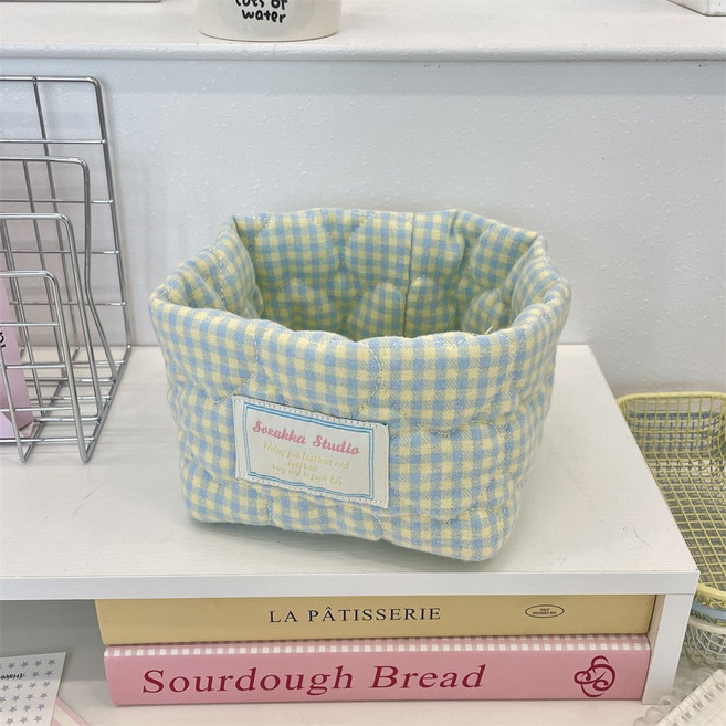 1+1 감성 체크 패브릭 수납 바구니 정리함, 2개, 민트