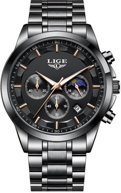 호환 LIGE 2025 명품 남성용 시계 비즈니스 야광 방수 캘린더 문페이즈 쿼츠 시계 남성용 손목시계, [06] All black