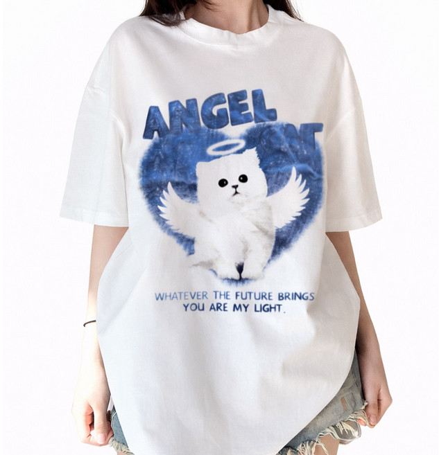티니플럼모드 여성 엔젤고양이 반팔 티셔츠