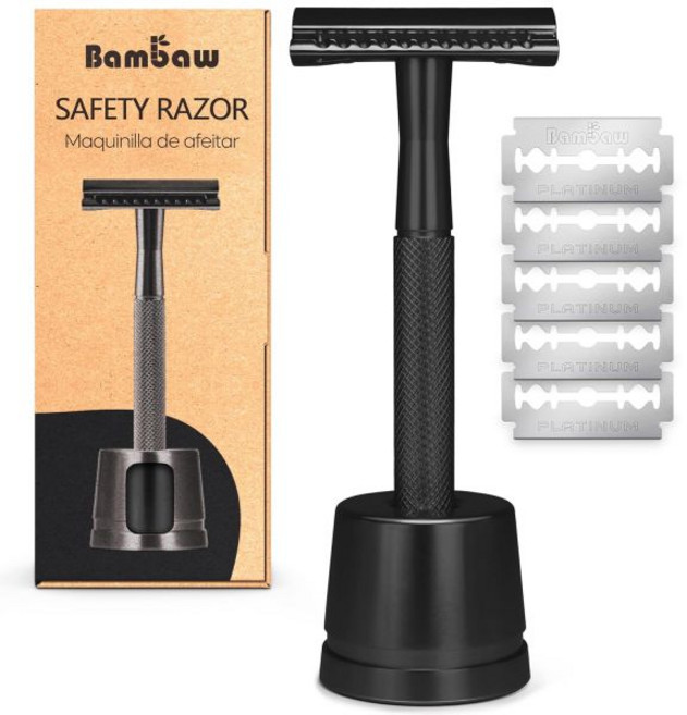 이발 면도기 스님 다듬기 두피 5개의 안전 면도날이 있는 밤보 더블 에지 스탠드가 남성용 싱글 블레이드 - 블랙, 스탠드가 있는 블랙 면도기, 1개