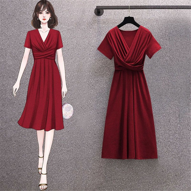 besteffie 여성 봄 여름 V넥 하이웨스트 플레어 랩 스타일 캐주얼 미디원피스 데이트룩 K37