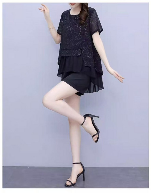 JoYouth 라인 댄스복 빅사이즈 쉬폰 세트 상의 투피스 빤짝이 검정색