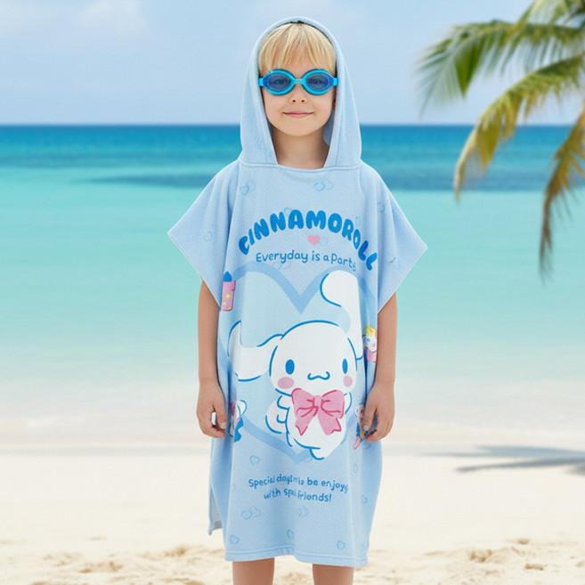 코지24 산리오 시나모롤 비치타올 샤워가운 아동 어린이 키즈 아이 로브 목욕 물놀이 가운 대형 후드 비치타월 수영 목욕 수건 타월 비치 판초 수영장 배스로브