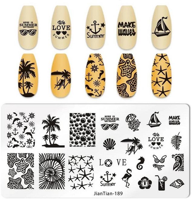 여름 네일 아트 스탬프 플레이트 코코넛 나무 잎 플라 트리 스타 플리 스탬핑 템플릿 해변 바다 파도 테마 매니큐어 도구, 1개