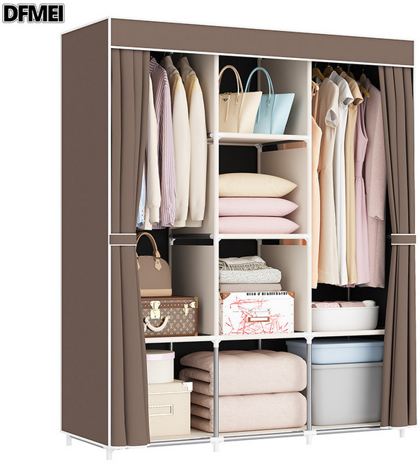 DFMEI 加固簡易衣櫃收納衣櫥防塵衣櫃宿舍鋼架組合簡約現代櫃子工廠, B款咖啡色:如圖