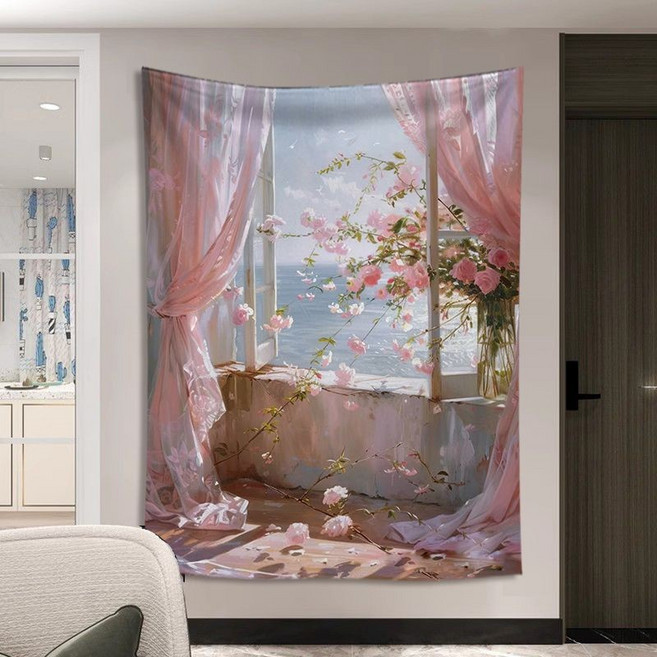 臥室背景布 印象派油畫豎版掛布 房間裝飾遮醜布 床頭裝飾布, 印象派 豎版02,高1米寬0.7米送安裝包