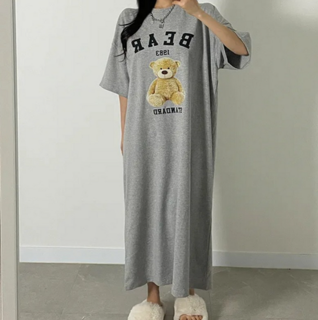 [제이무드] 55~88빅사이즈 귀여운 곰돌이 반팔 롱 원피스 홈웨어 임부복 보들보들 신축성