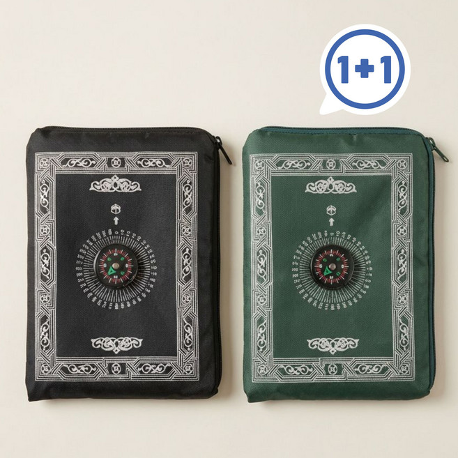 바이나우 1+1 무슬림 기도용 나침반 매트 깔개 카펫 휴대용 빈티지 패턴 여행 이슬람인 블랙+그린