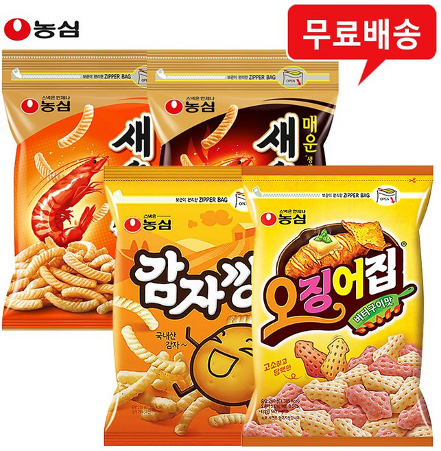 농심 대용량 지퍼백 4봉(새우깡1+매운새우깡1+감자깡1+빅오징어집1) 무배