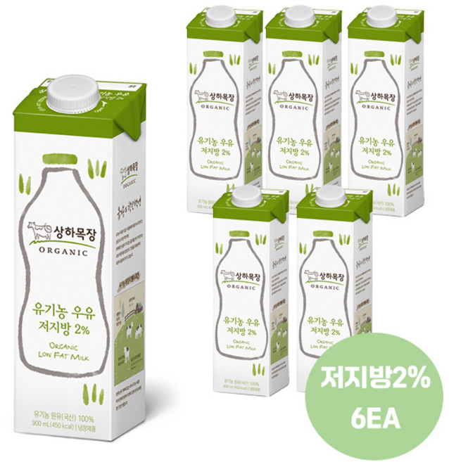 상하목장 유기농우유 저지방 900ml후레쉬팩 유기농우유/유기농 인증/저지방2%/냉장무배, 6개, 900ml