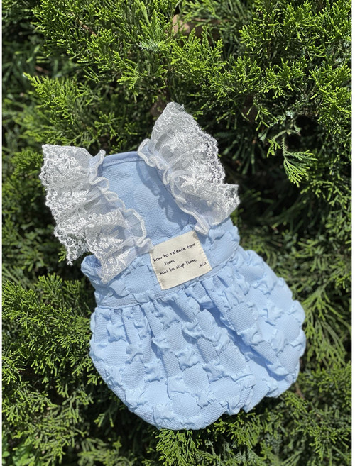 포아틀리에 소형견 여름 원피스 레이스 칼라 버블 텍스처 소재 귀여운 강아지 옷, 1개, 블루