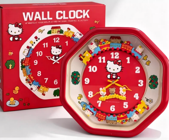 키티벽시계 고양이벽시계 무소음 거실 인테리어 꾸미기 집들이 선물, 헬로키티 만화 기차 벽시계 레드