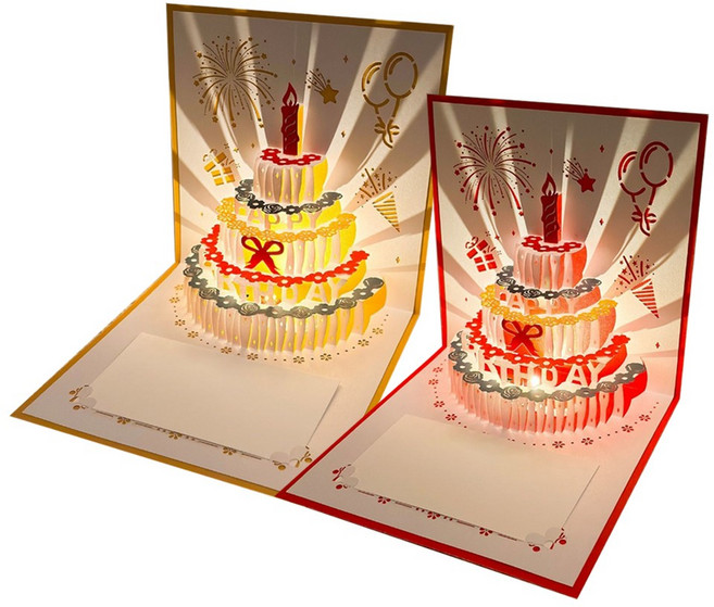 生日蛋糕立體卡片, 組合裝【金色+紅色】, 1個裝