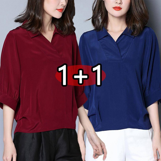 1+1 중년여성 7부소매 셔츠 루즈핏 빅사이즈 오피스룩 엄마옷 중장년 4050대 카라넥 봄 여름 블라우스