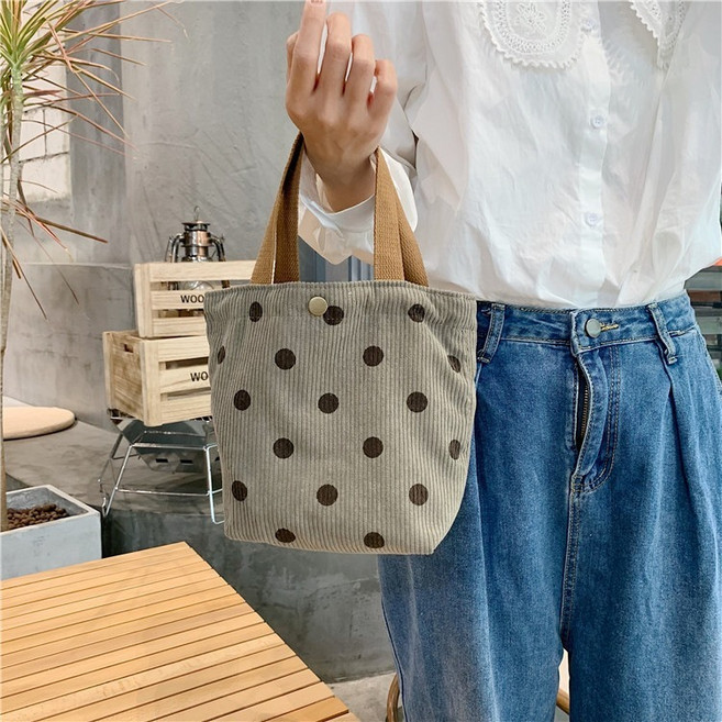 【BAGEL蓓果】現貨 燈芯絨手提袋 復古可愛小物收納 少女手拎包 媽媽包 學生便當袋 有內袋 隨身包, 灰色波點, 灰色波點