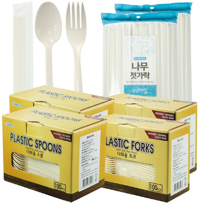 생활미소 식사도구 100입 세트 (플라스틱스푼+플라스틱포크+나무젓가락), 2세트