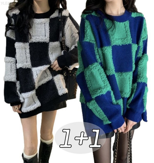 YLEMI 1+1 여자 겨울 캐주얼 체크 스웨터 오버핏 롱 상의