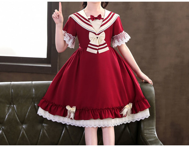 해피유통 달콤한 세일러 칼라 레이스 원피스 귀여운 우아한 캐주얼 스타일 디자인14세 이상