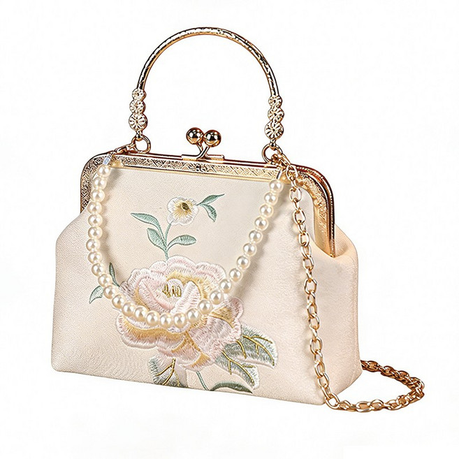 자수 크로스백 진주 골드 체인 아이보리 여성