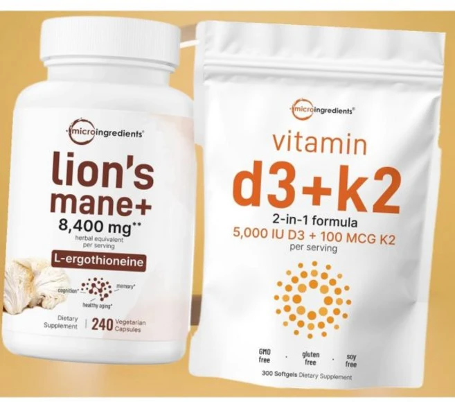 마이크로 잉레디언트 비타민D3 5000iu K2 100mcg 소프트젤 사자갈기 버섯 240 식물성 번들 2팩, 마이크로 잉레디언트 비타민D3 5000iu K2 100, 240정 - 쿠팡