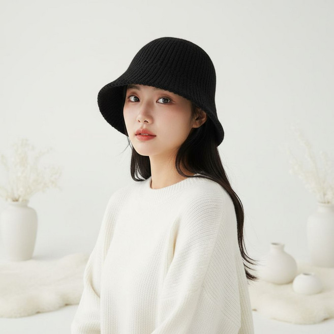 제하스튜디오 니트 골지 겨울 버킷햇 벙거지모자