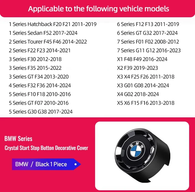 BMW G06 G07 G29 F20 F21 F30 F35 F34 F32 F36 F10 F18 G20 G28 G05 차량용 엔진 시동/정지 버튼 커버 액세, 02 Black-BMW