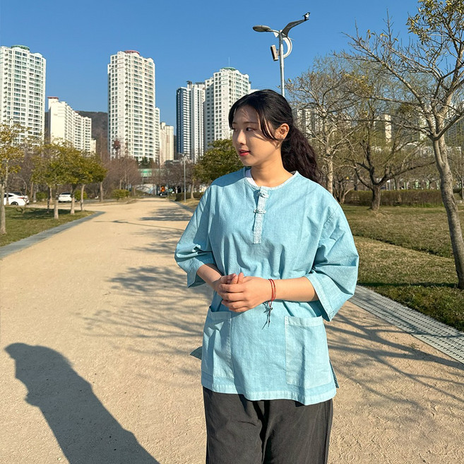생활한복MZ언니 남여공용 여름 7부 자수 헤리 티셔츠 바지 생활한복 개량한복