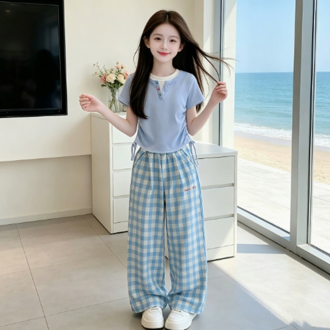 달콩베베 주니어 여아 파스텔 반팔티+얇은체크바지 초등학생 여름옷 [M062]