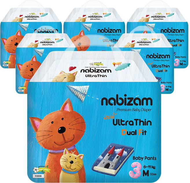 나비잠 기저귀 울트라씬 듀얼핏 썸머팬티 6팩, 192매, 중형(M)