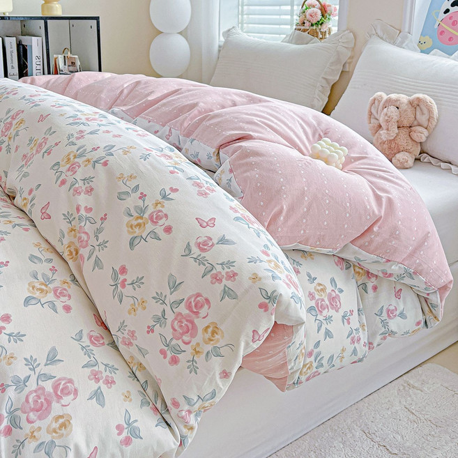 다이에나 순면 40수 이불 커버 단품 사계절 LOVE, 핑크 플라워