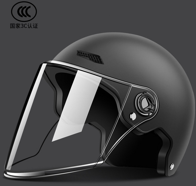 新國標電動車頭盔男女士夏冬四季通用電瓶摩托車盔安全帽高清半盔, 曜巖黑-透明長鏡【輕盈透氣】