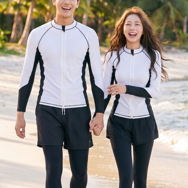 SABU 커플 래쉬가드 세트 남성 여자 수영복, 남자화이트