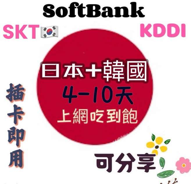 SoftBank 日本韓國上網SIM卡 4-10天吃到飽 熱點分享, 1個, 日韓5天3GB高速(總量)