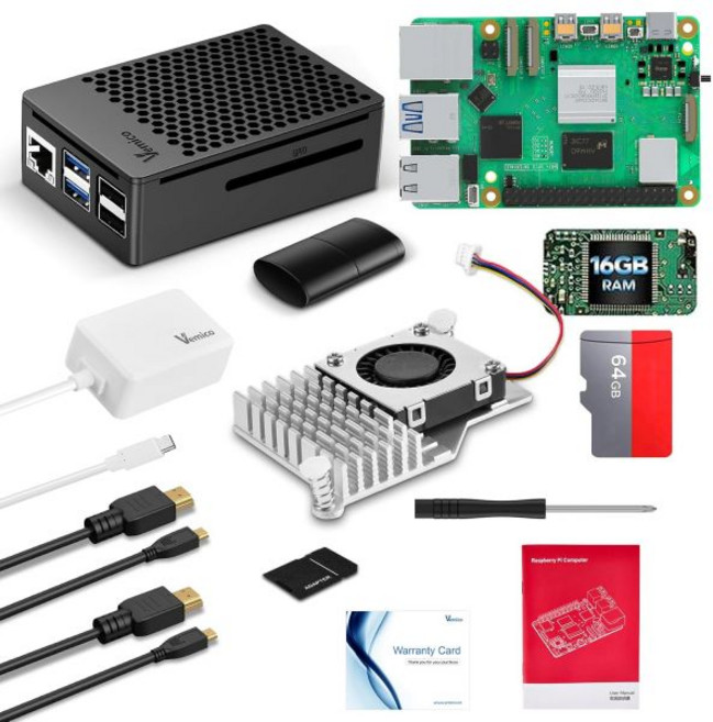 Vemico Raspberry Pi 5 16GB 키트파이 보드 보호 케이스 및 액티브 쿨러 포함 64GB 카드 27W Type-C 전원 공급 장치 듀얼 4K 마이크로 HD 출력, Vemico Raspberry Pi 5 16GB 키트파
