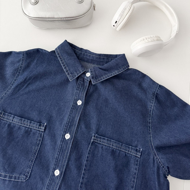 翻領車線大口袋長牛仔襯衫 藍色丹寧長袖上衣