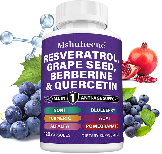 레스베라트롤 복합 항산화 보충제 - 베르베린 포도씨 추출물 케르세틴 함유 - 안티에이징 및 세포건강 지원, 1개, 120회분