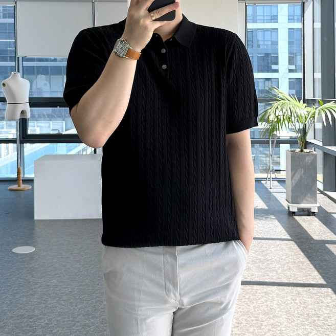 룩플레인 여름 케이블 비스코스 반팔 니트 카라 티셔츠 6color