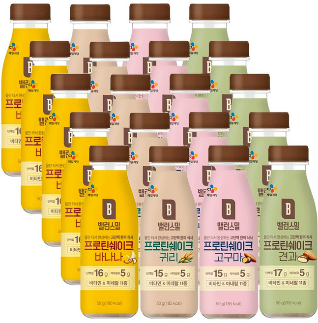 CJ제일제당 밸런스밀 한끼 식사대용 곡물 쉐이크 프리미엄 선식 20보틀(4가지맛) 보틀선식, 20개