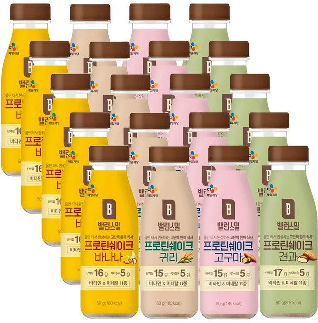 CJ제일제당 밸런스밀 한끼 식사대용 곡물 쉐이크 프리미엄 선식 20보틀(4가지맛) 보틀선식, 20개 - 쿠팡