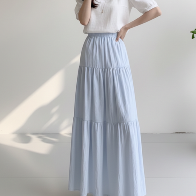여성 허리밴딩 주름 셔링 롱 플레어 캉캉 스커트