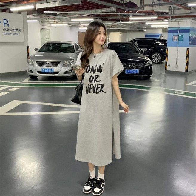 韓系寬鬆簡約側開叉長款過膝T恤連衣裙女, 灰色 純棉