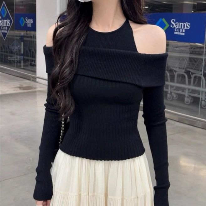 야오야오 홀터넥 오프숄더 슬림핏 골지 니트
